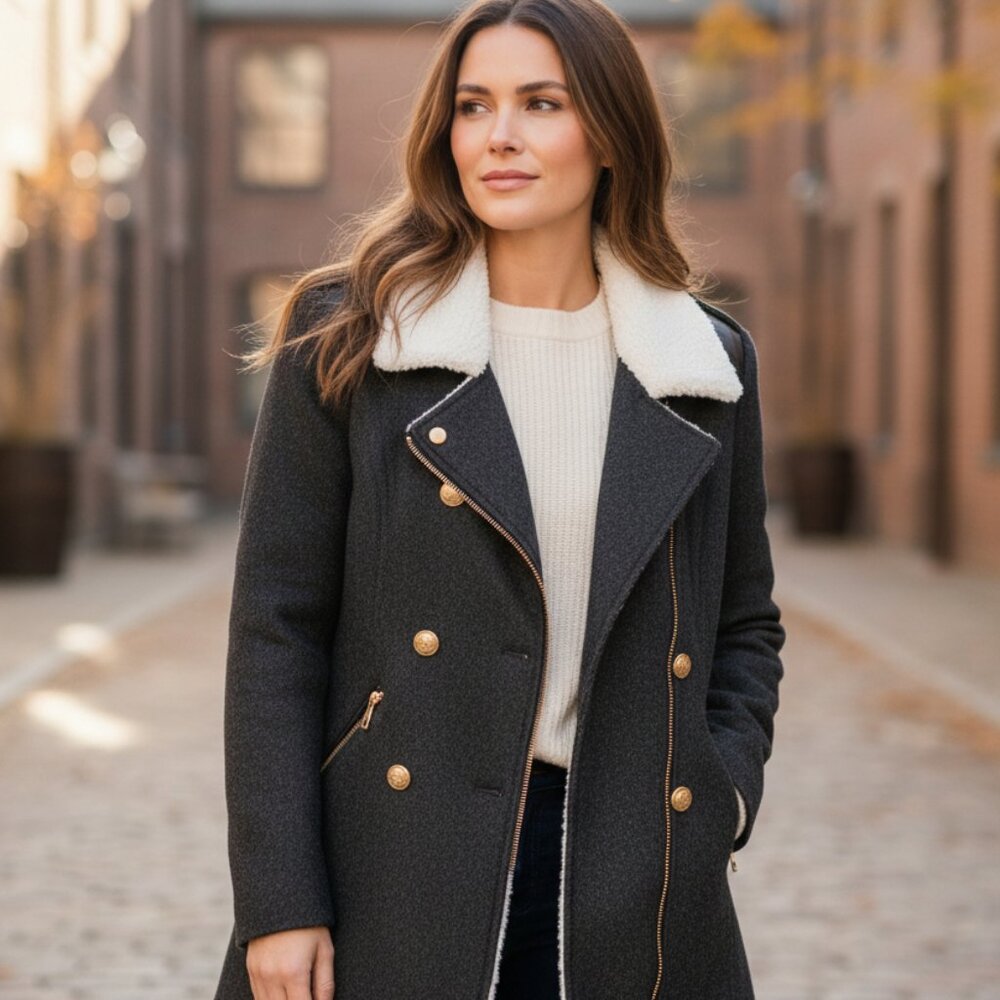 Vince Camuto Wool/Leather/Sherpa Double Breasted Jacket Coat